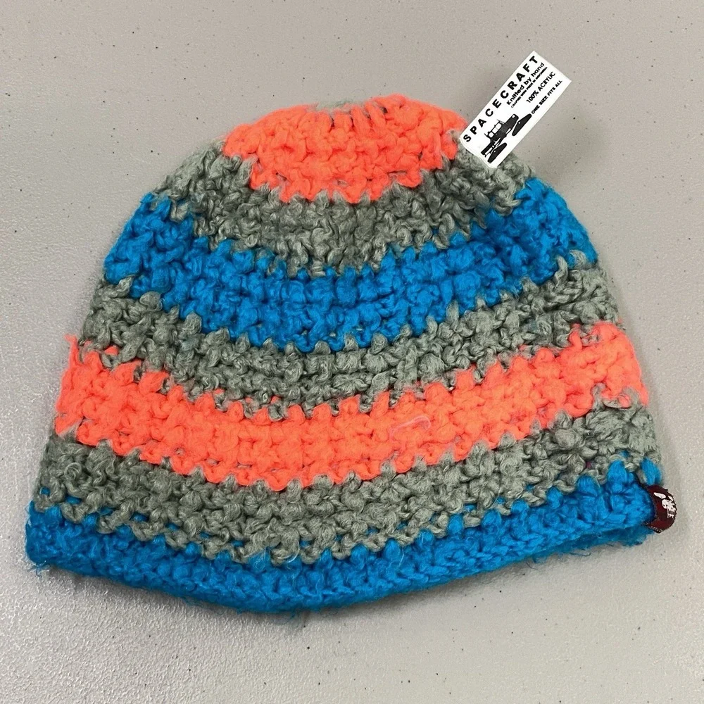 Spacecraft Neon Pink & Blue Stripe Fuzzy Yarn Chunky Knit Ski Beanie Unisex OSFA